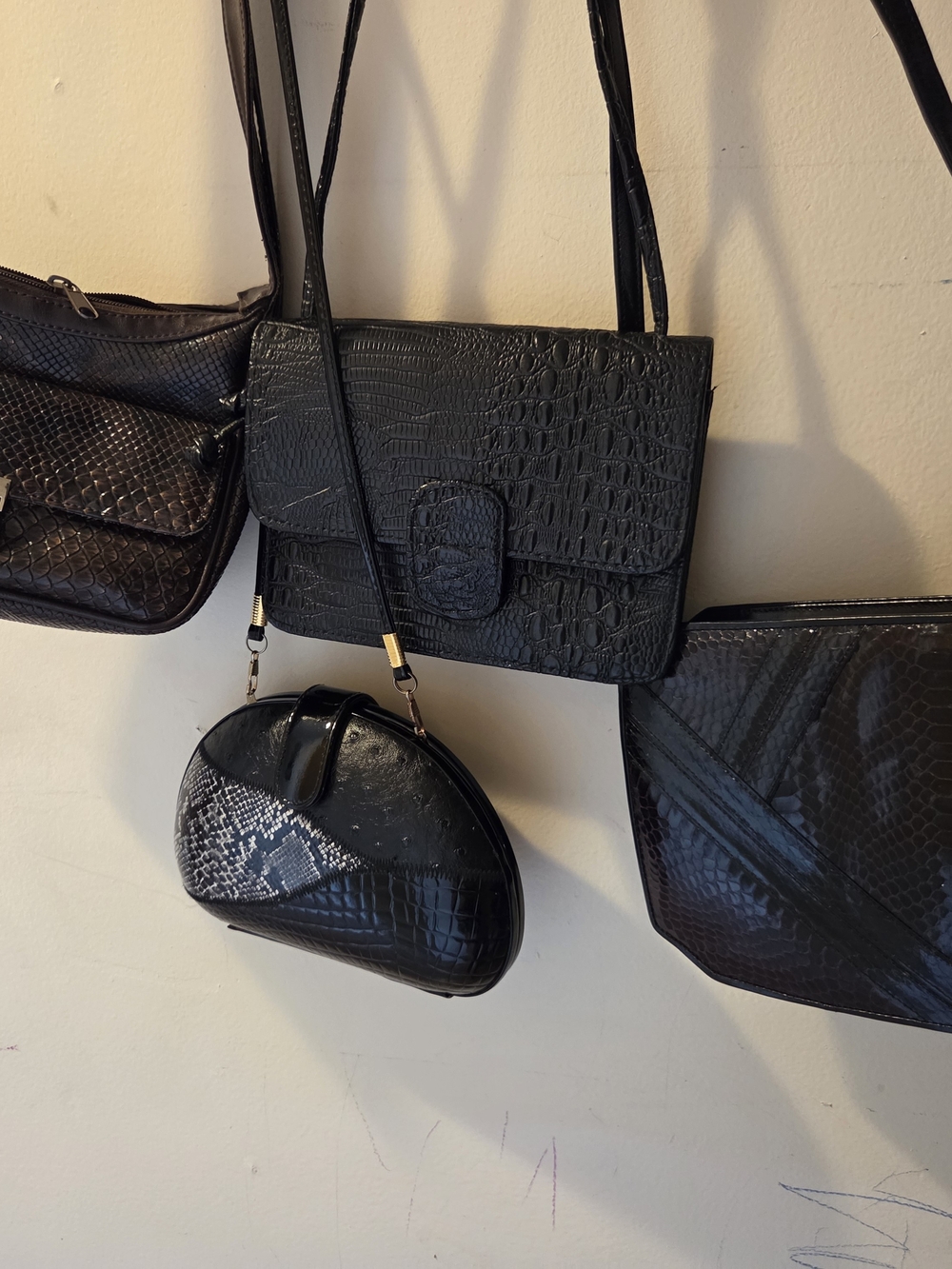 Vintage 80s Black Exotic Handbag Bundle | Snakeskin, Croc & Patchwork Lot of 4